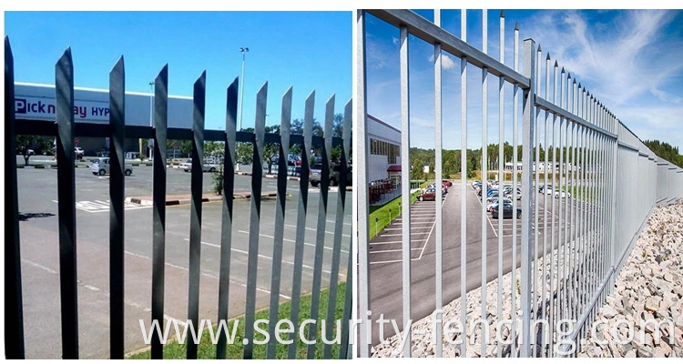 BS1722 Hot Dipped Galvanized Three Rail 3.0m Triple Point Spear Curved Top W Pale Steel Palisade High Security Fence for Telecom Pump Station Power Substation